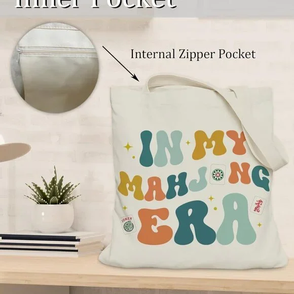 Mahjong Tote Bag Canvas Spacious Stylish Gift for Women Girls - Picture 3 of 7